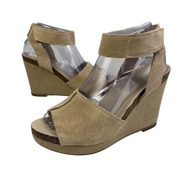 Franco Sarto Heels Womens 7.5 M Beige Suede Fairfax Casual Wedge Ankle Strappy - Picture 1 of 12